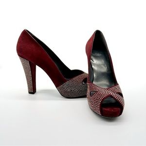 Stuart Weitzman Womens Burgundy Suede Slip On Peep Toe Studded Block Platform